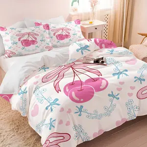 2/3pcs Coquette Pink Cherry Bow Duvet Cover Set, Cute Comforter Cover, Soft Microfiber Bedding Set (No Filler), Pastel Cherry Print Bed Set for Teen Girls, Aesthetic Bedroom & Dorm Decor