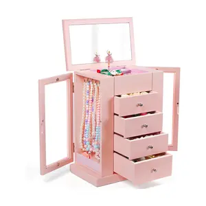 Emfogo Musical Jewelry Box for Girls, 5-Layer Wooden Jewelry Organizer with Spinning Dancer, Mirror, Drawers & Necklace Hooks, Pink Music Box Gift for Girls