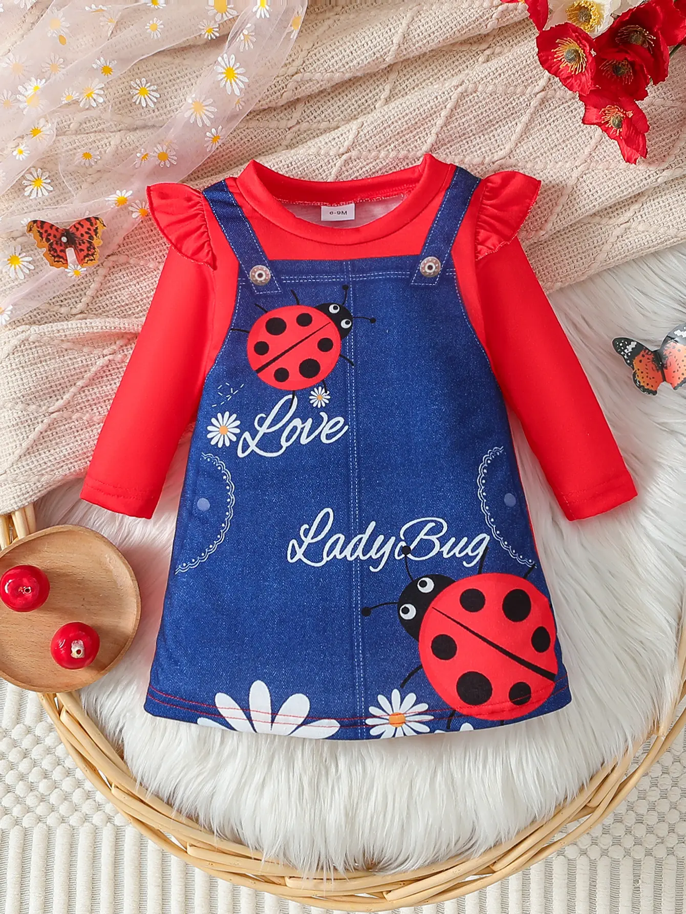 Baby girl's red long sleeved inner and outer blue denim suspender skirt with ladybug and daisy print "Love LadyBug" lettering cute baby outfit