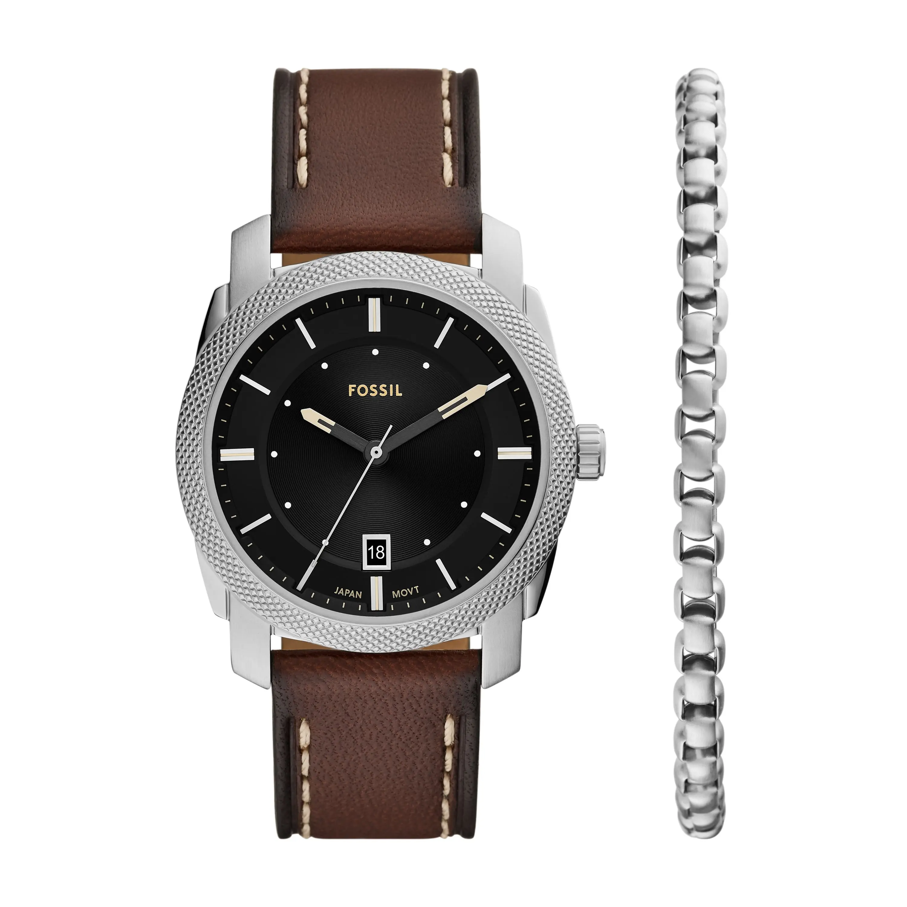 Fossil Men's Machine 42mm Three-Hand Date, Stainless Steel Watch and Bracelet Set