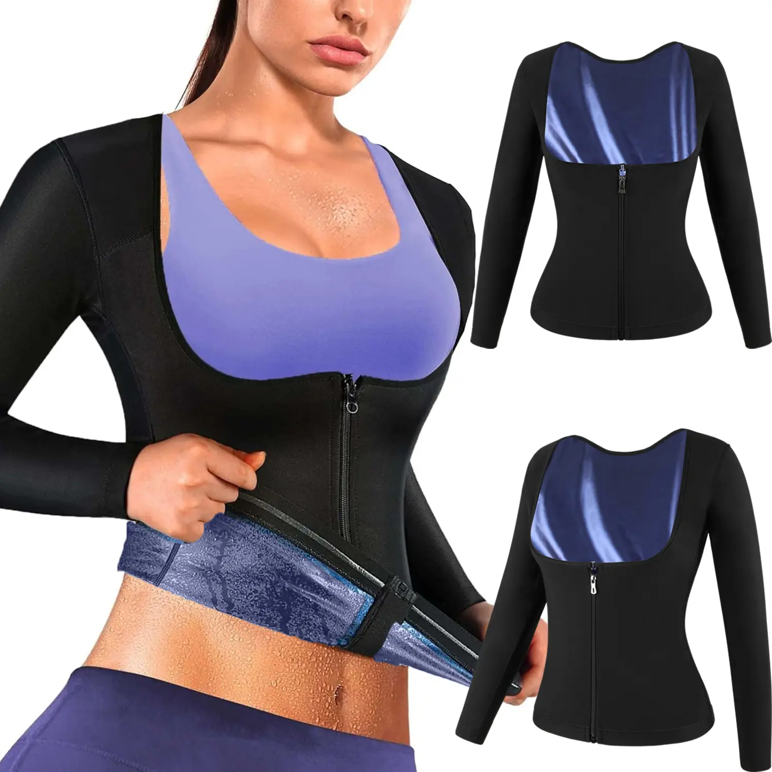 Women's Long Sleeve Zip Up Sauna Sweat Suit Tank Top,  Compression Waist Trainer Sauna Vest Shirt,  Women Athletic Tee Shirt, Workout Gym Exercise Activewear, Gym Wear for Fall Winter, Women Sportswear