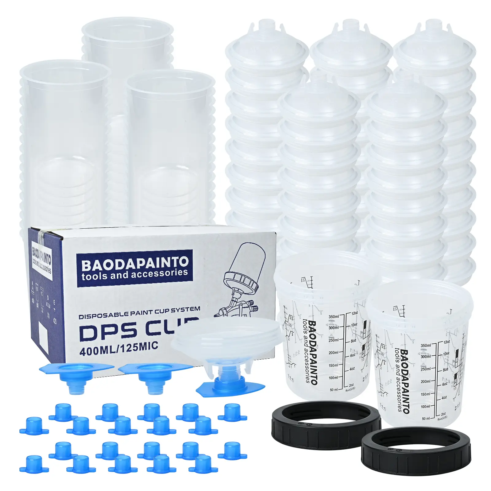 Spray Paint Cups for HVLP/LVLP Spray Guns, 6.5oz, 13oz, 20oz, 27oz Options, 50-Pack with 50 Cups and Lids System, 2 Hard Cups with Retainer Ring, 20 Plugs, 3 Mixing Sticks, 1 Gun Cleaning Bottle, Perfect for Auto Body Technicians & DIY Car Painters