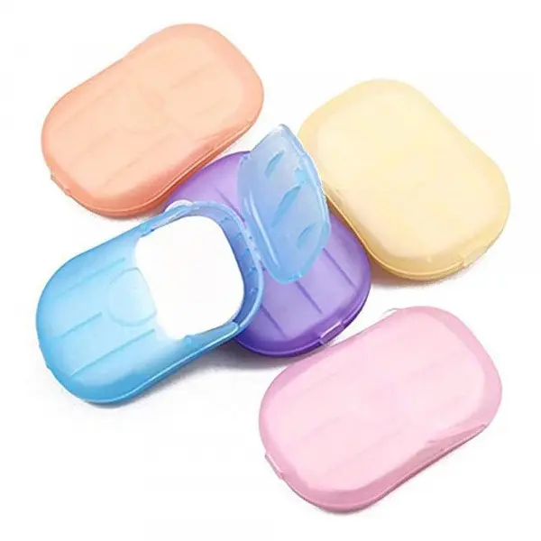 4 Pack Portable Disposable Soap Paper Sheets with Colorful Sealed Flip Lid Plastic Storage Boxes, Body Care Cleanser That Melts Quickly When Touching Water, for Gym, Outdoor Camping Daily Use, Quickly Melt When Touching Water