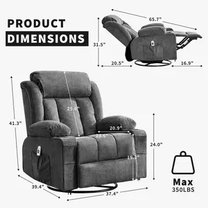 【Christmas Gift】Power 360°Swivel Rocker Recliner Chair with Heat and Massage for Big and Tall Adults Oversized Electric Glider Reclining Chairs with Remote Control,Cup Holders,Side Pockets,USB Charge Port,Gray