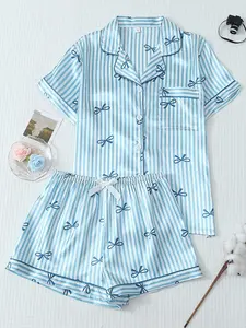 MONASWEET 2pcs Satin Striped Bow Print Short Sleeve Collar Top And Bow Shorts Women Pajama Set, Spring/Summer