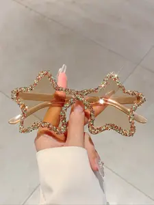 Women's Frameless Star-Shaped Glasses with Rhinestone Decorations, Multi-Color Decorative Lenses, Cute Fashion Eyewear for Parties & Photoshoots