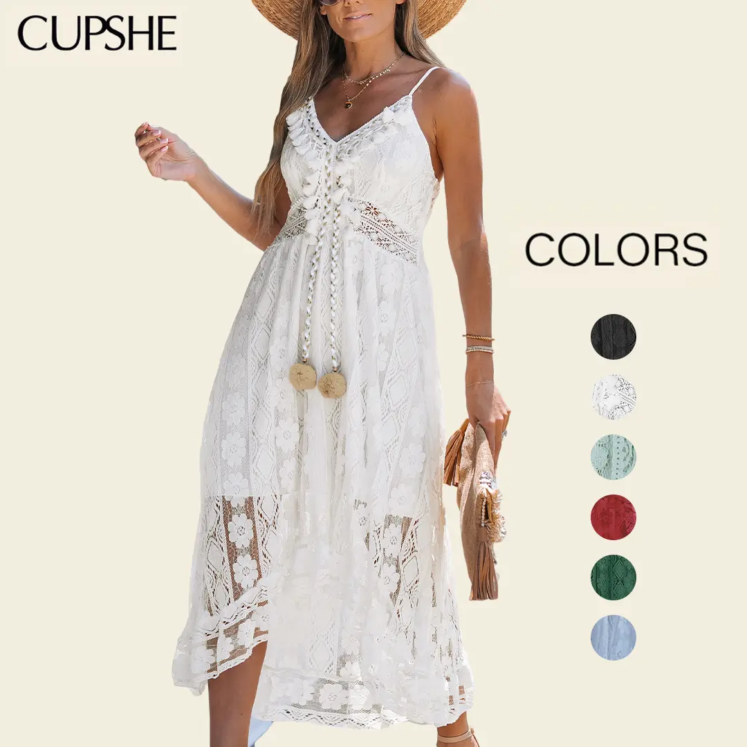 CUPSHE Women's Ariya Ditsy Floral V-Neck Slip Dress, Sleeveless Casual Smocked Lace-Up Midi with Ruffled High Low Hem, Ditsy Floral Casual Dresses, Casual Wear#tiktokshopbacktoschool