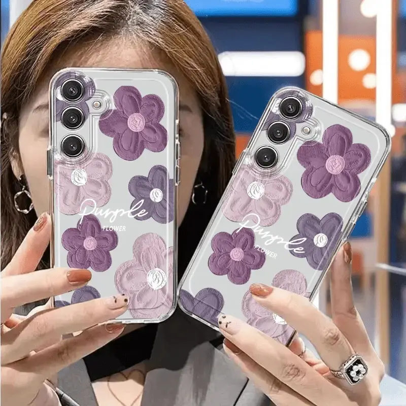 Floral Print TPU Smartphone Case - Purple Oil Painting Design, Transparent, Shockproof, Full Coverage Multi-Model Accessory for Samsung S20-S24 FE Ultra Plus, A4-A6, A12-A16, A21-A25, A32-A35, A50-A55, A71-A73, M53-M55