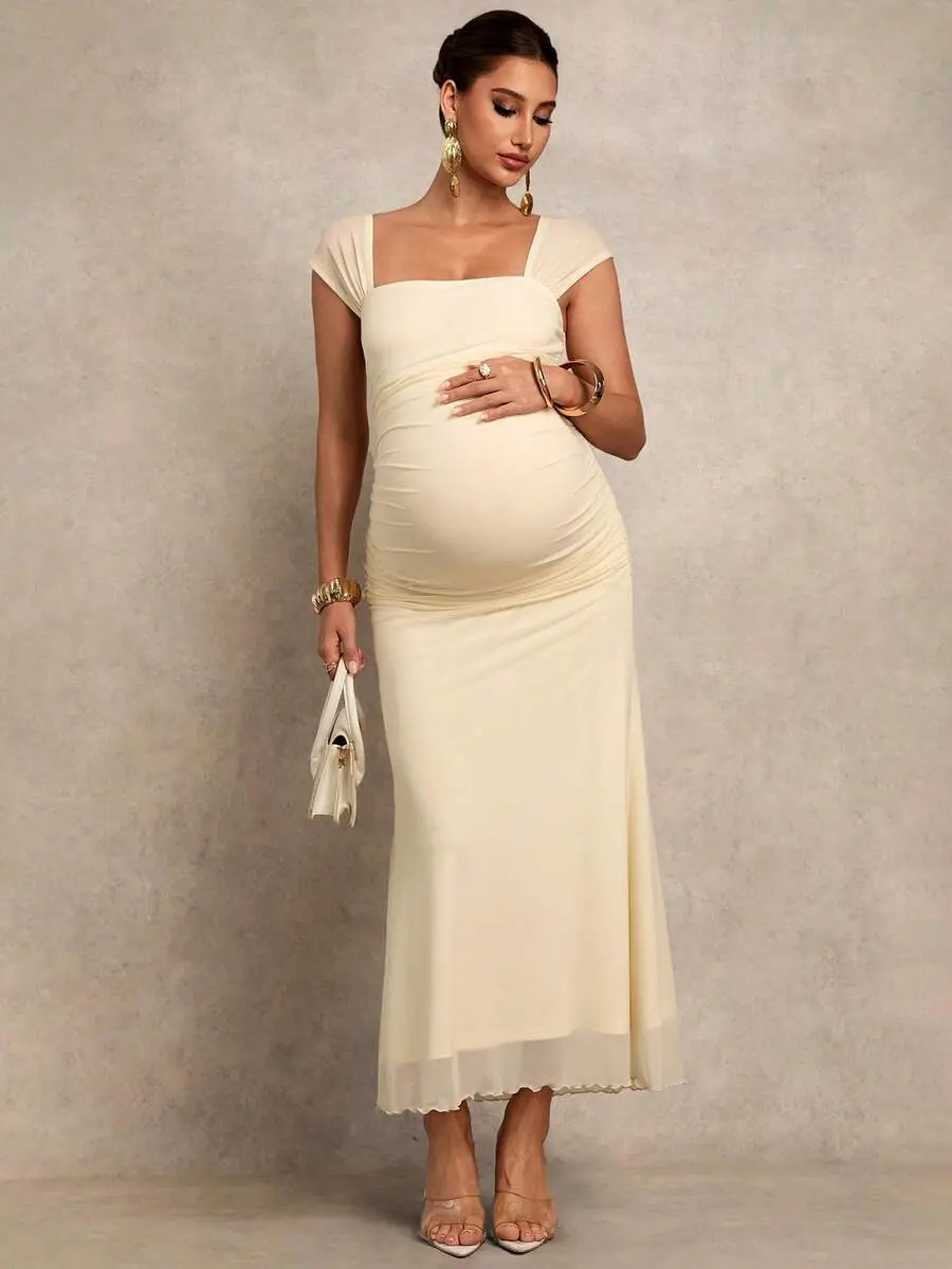 LAFERLIN Maternal Square Neck Ruched Fishtail Hem Elegant Robe Mob Wife Trend