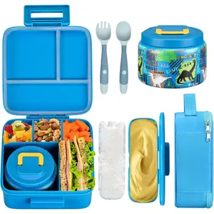 Bento Lunch Box for Kids With 8oz Soup thermo, Leak-proof Lunch Containers with 5 Compartment, thermo Food Jar and Lunch Bag, Food Containers for School (A-Blue(Dinosaur))