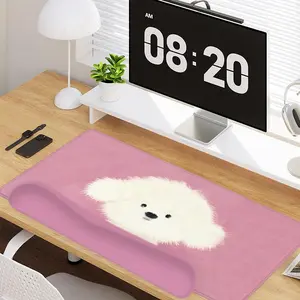 4 - in - 1 Pink Background with White Puppy Elements Large Gaming Mouse Pad + Keyboard Wrist Rest + Mouse Pad with Wrist Support + Coaster Set with Ergonomic Design for Home Office Table Computer, Rubber Base Mousepad with Stitched Edges, Easy Typing Pain