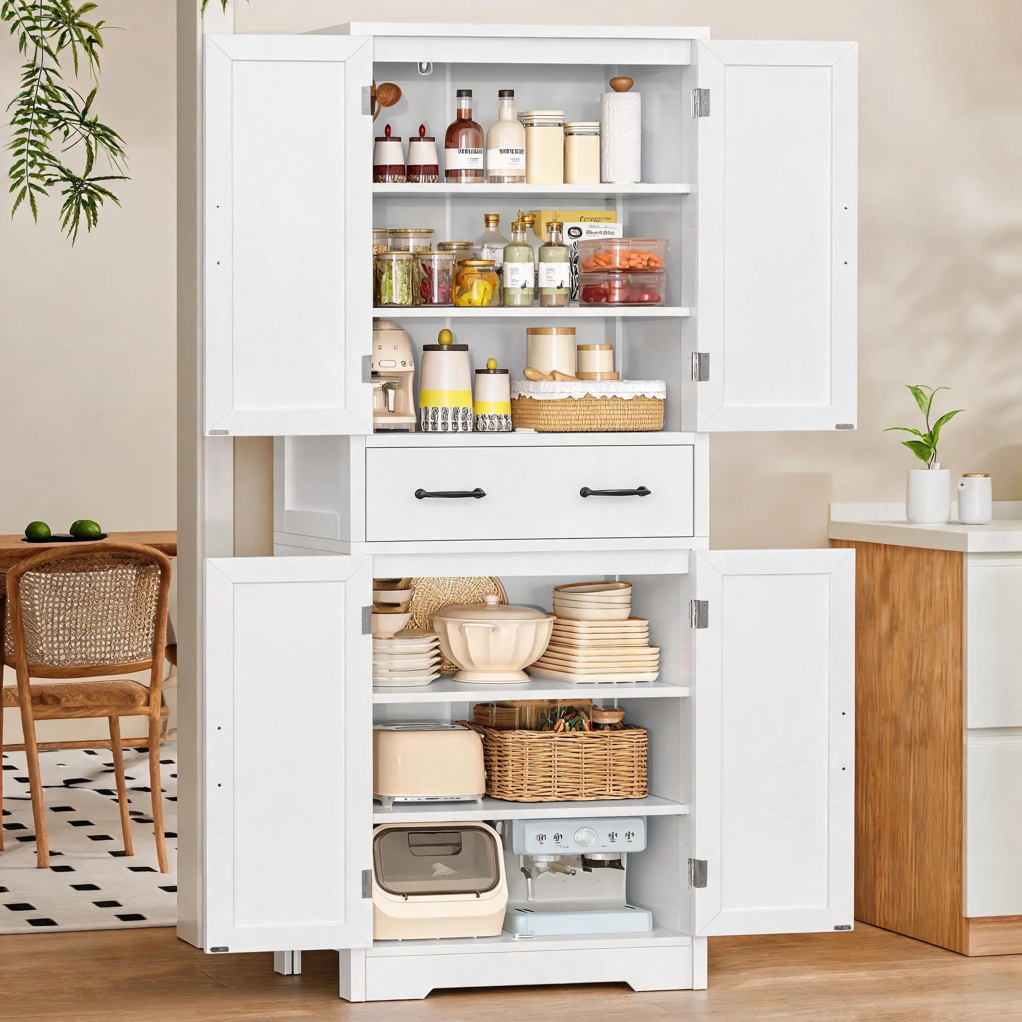 66.9" Tall Modern Kitchen Pantry Cabinet with 4 Barn Doors & 1 Large Drawer, Freestanding Bathroom Storage Cabinet with Adjustable Shelves, Storage Cabinet for Kitchen, Living Room, Bathroom.