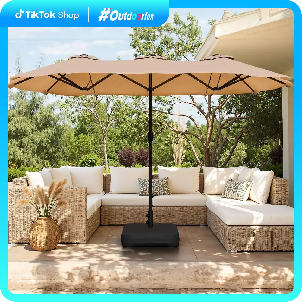 Walsunny 15 ft Large Patio Umbrella with Base Include,Double Sided Outdoor Rectangular Patio Umbrella with Crank Handle for Pool Garden Backyard,Beige