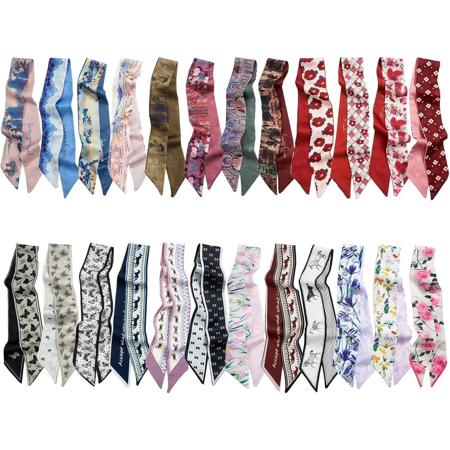 Women's 24-PCS Satin Head Scarf Set, Assorted Pattern Skinny Fashion Neck Shawl, Polka Dot Bag Accessories for Hair Wraps, Purse Handle Wraps, Party Wear (Airycute)