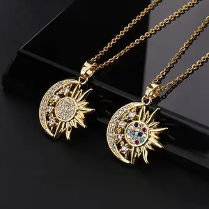 A 2-Piece Set: Sun and Moon Necklaces Adorned with Colorful Cubic Zirconia. Featuring a vintage-inspired design, this set embodies a blend of unique personal style and minimalist trends. It makes an ideal gift for sisters or classmates, and is equally per
