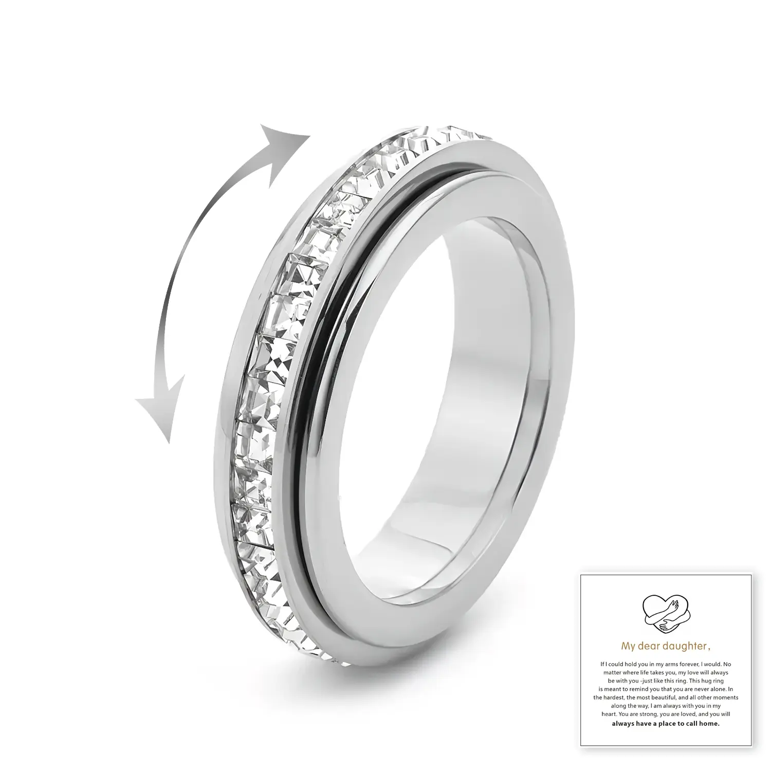 Titanium Steel Spinner Ring for Women & Men, Cubic Zirconia Fidget Band Ring, Comfort Fit Promise Ring, Fashion Jewelry