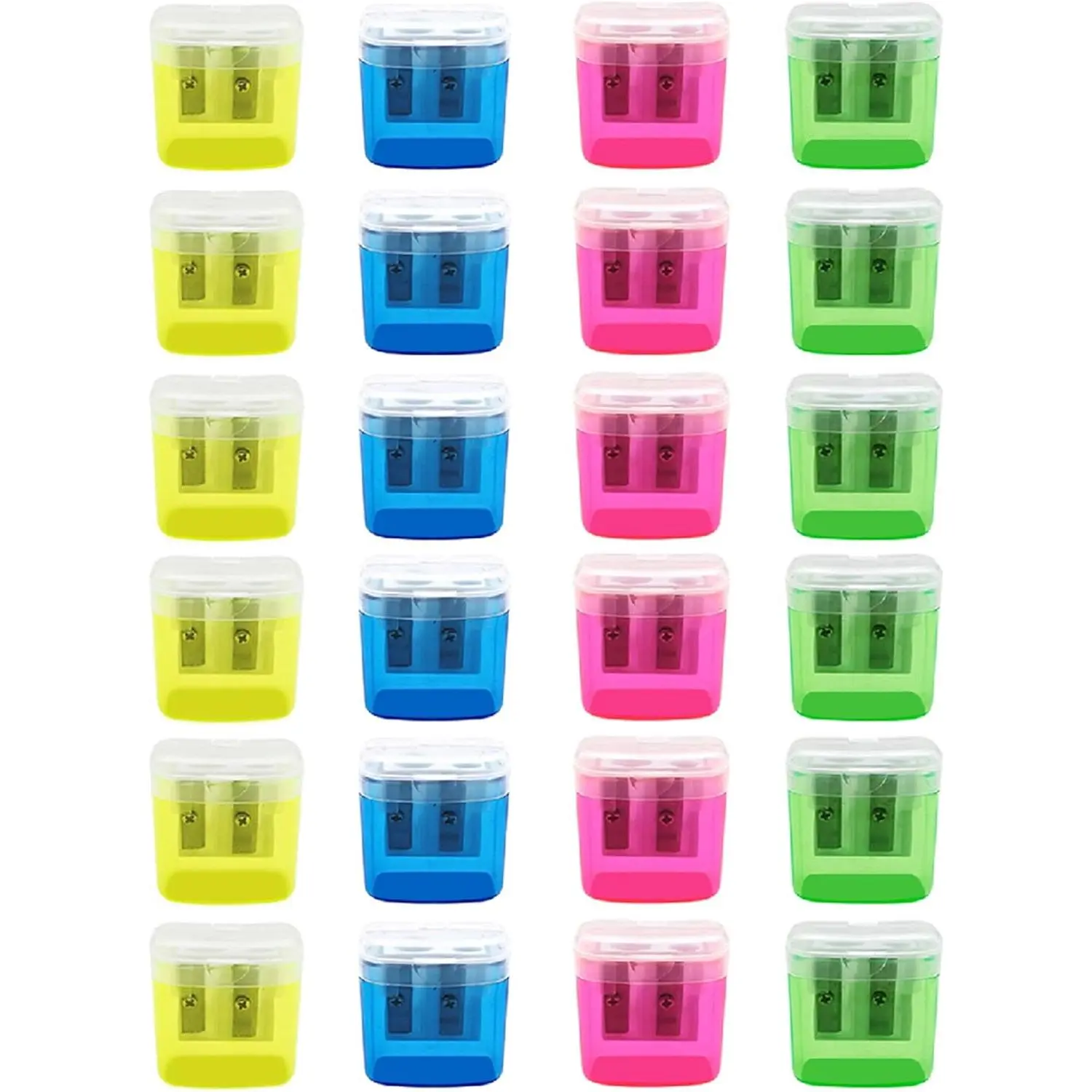 24 count Pencil Sharpener Manual, Assorted Color Small Dual Hole Pencil Sharpeners Bulk with Lid with Lid for  Office Home (Rectangle-24)