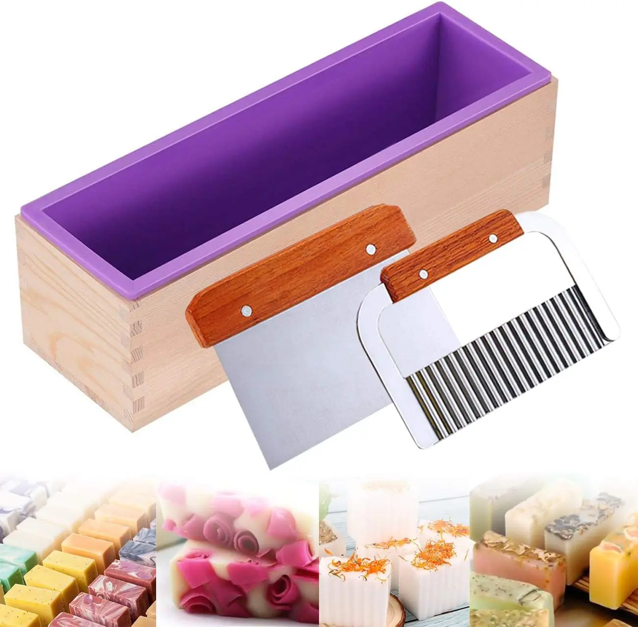 [Deals For You] 42 oz Wooden Rectangular Silicone Mold Kit with Stainless Steel Wavy & Straight Scrapers for Cake Making, Soap Making Supplies (Purple)
