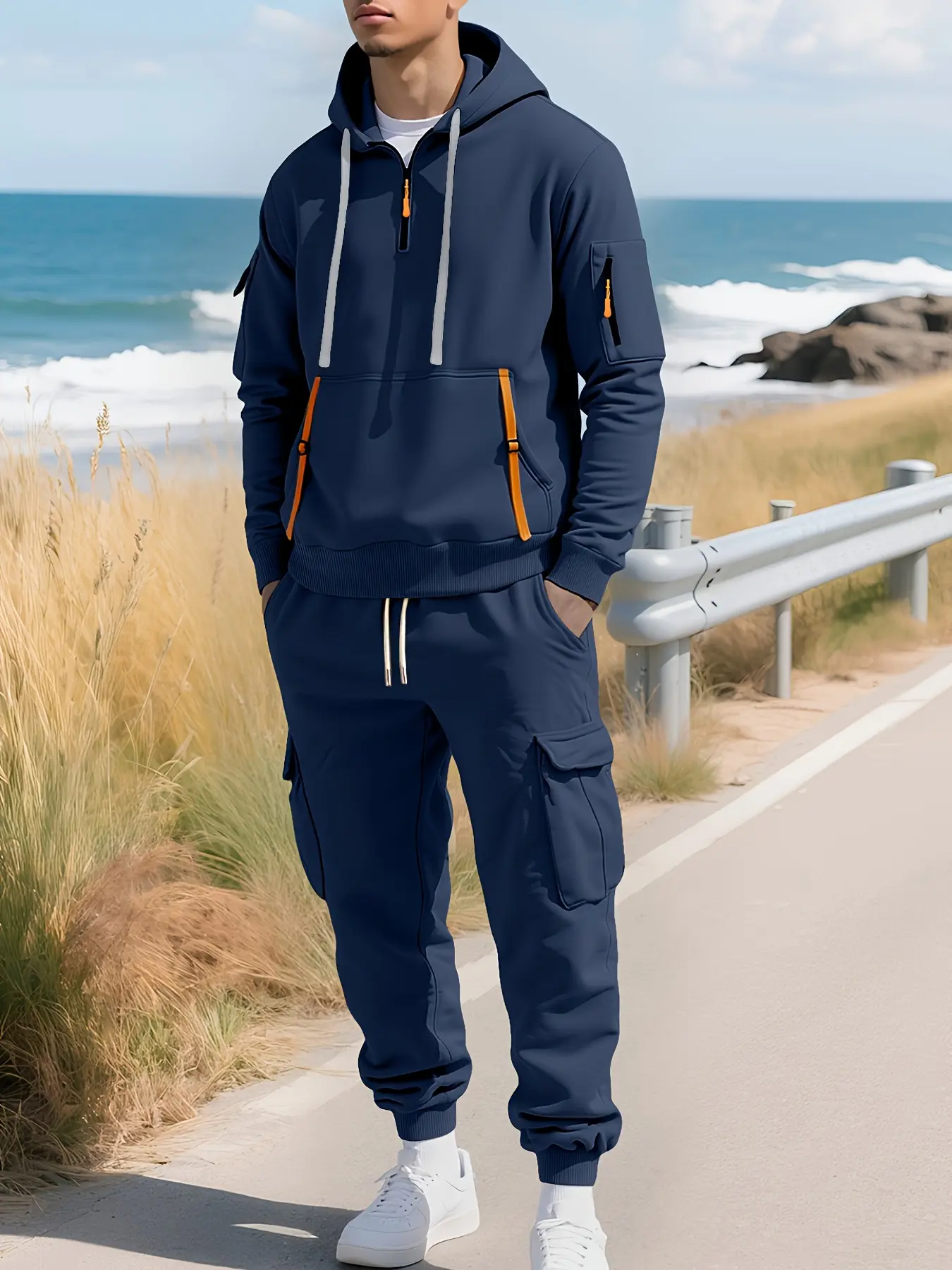 2-piece men's heavy-duty warm workwear set - Oversized full-zipper hooded sweatshirt and work pants, thick winter jacket and pants, suitable for outdoor, gym, hiking, camping - Full-length zipper and multi-pocket design, machine washable (casual/training/