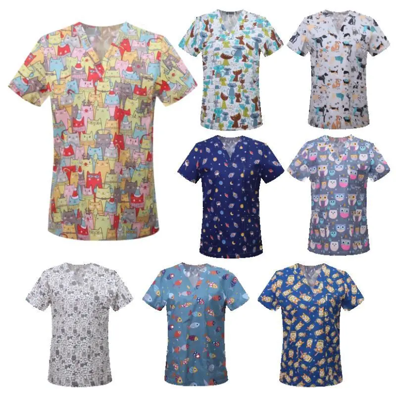 Nursing Scrubs Tops Women Working Uniform Blouse Short Sleeve V-neck Uniform Blusas Nursing Clothes Nurses Tunic Uniform
