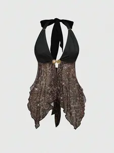 SOLEMN Grunge Punk Spring Summer Carnival Party Casual Leopard Black Summer Music Festival Fashion Wild Retro Leopard Print With Rhinestone & Metal Chain Halter Neck Tight