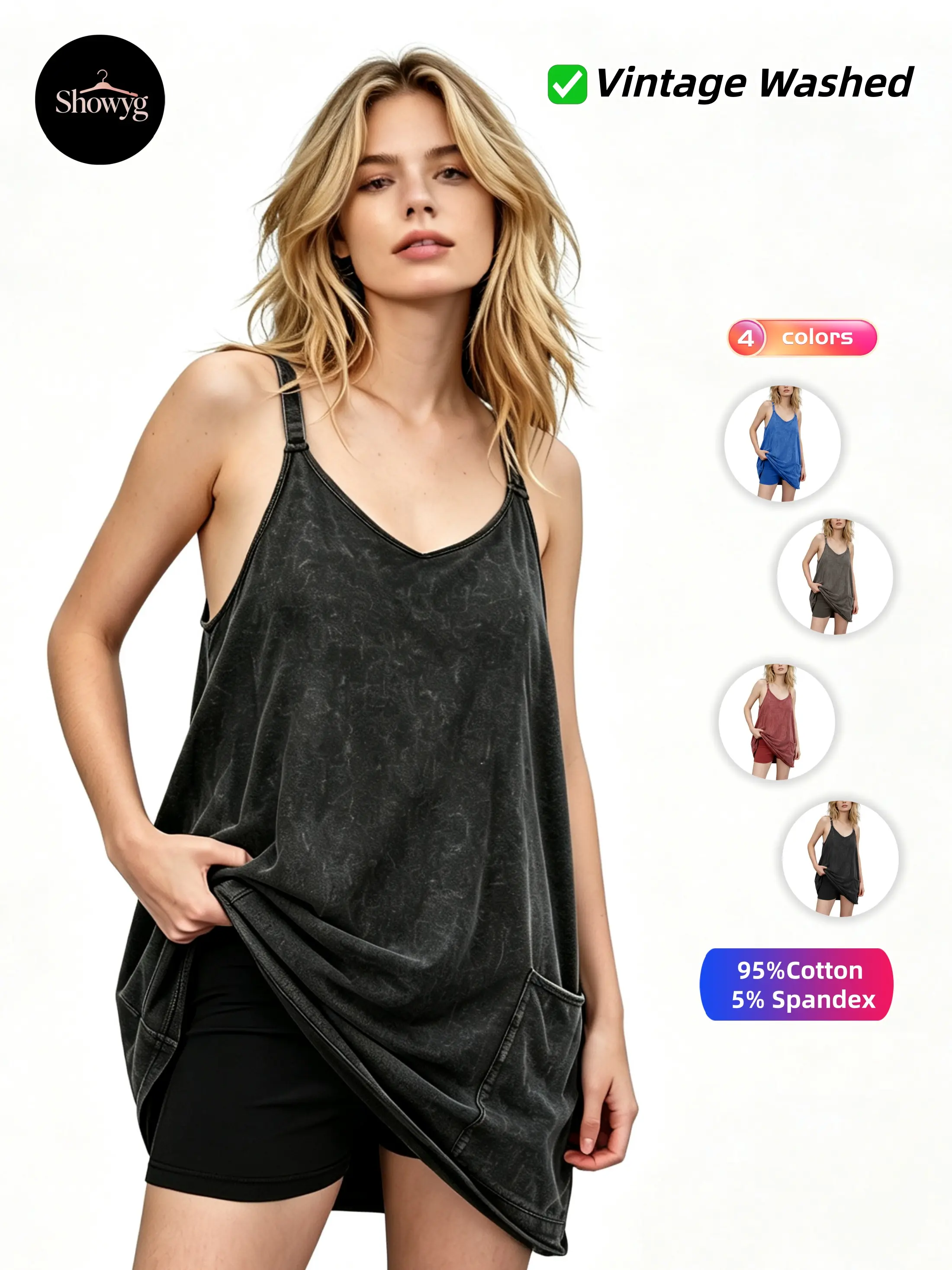 Showyg Women's Vintage Washed Spaghetti Strap Tennis Dress with Built-in Anti-Chafing Shorts, Sleeveless 95% Cotton 5% Spandex Mini Casual Dress, Side Pockets, Golf Athleisure Wear, Dress With Built In Shorts