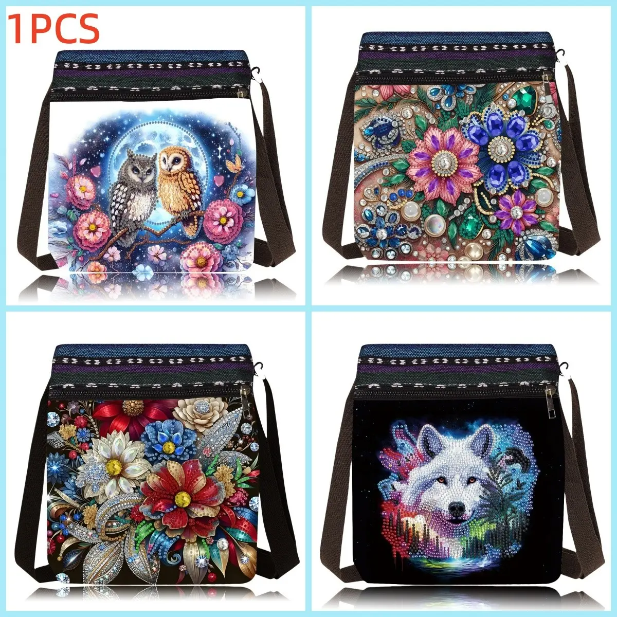 1-piece diamond painting kit messenger bag, Canvas Messenger Bags, Fashionable Bling Bag, shoulder bag, owl, snow wolf pattern canvas material with special shape crystal rhinestone art backpack, part of the diamond art craft kit, fashion lady gift