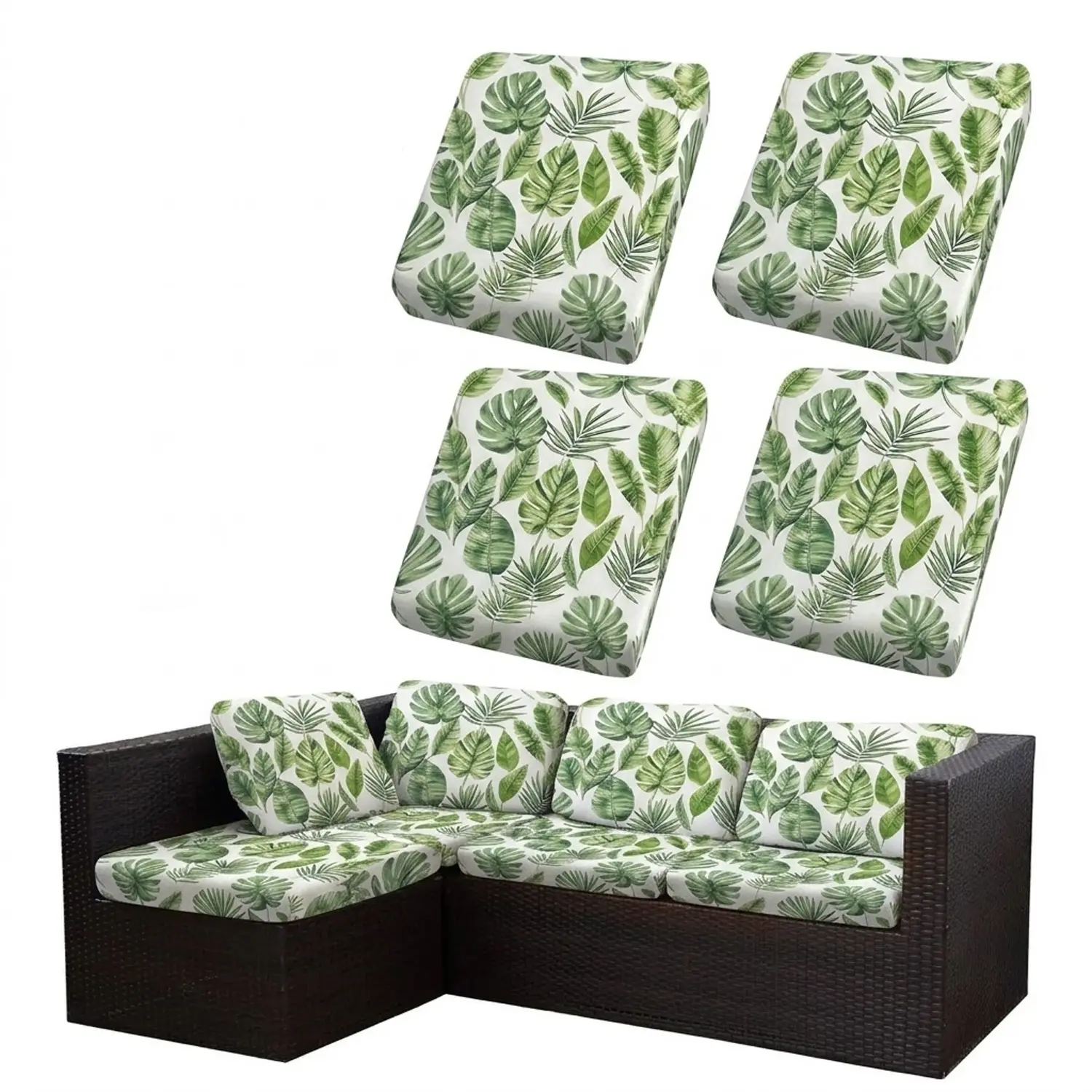 Outdoor Patio Cushion Covers, 2-Piece Stretchy Palm Leaf Slipcovers for Seat & Backrest, Washable Furniture Protector for Wicker Chairs, Rocking Chairs, Porch Decor