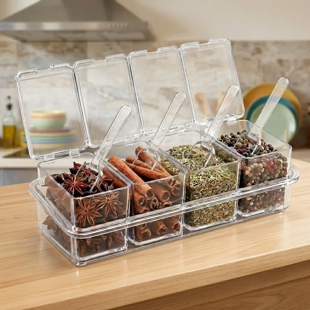 HUOMAQFAN 4PCS Sturdy See-Through Acrylic Condiment Plastic Storage Containers Set - Airtight Lid Lock, Spoons, Compact Rectangular Utensils Holder Caddy, 7 oz Each, 9.06"l x 3.74"w x 1.58"h, Quick Level Check, Small-Space Fit for Kitchen Organization