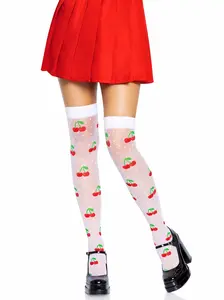 Women's Opaque Cherry Dot Fruit Thigh-High Socks - Soft Woven Fabric, Stockings, Comfortable Denier Knee-High Socks, Stylish Design for Shorts, Skirt Styling, Leg Enhancement