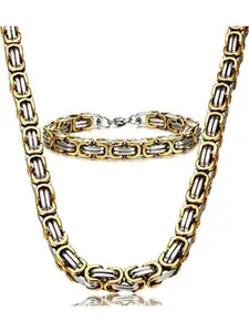 2 Pcs Stainless Steel Male Chain Necklace Byzantine Bracelet for Men Jewelry Sets 8.5 Inch Bracelet Fashion Jewelry Set