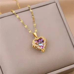 Colorful Crystal Heart Necklace 14K Gold Plated Small Pendant, Chic Ins Style Jewelry Romantic Statement Necklace for Women Gift DZXL0080