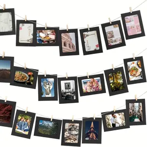 21 Piece Vintage Picture Frame Set with Clips, Home Decor Banner Wreath, 10 Frames + 10 Stands + 1 Rope DIY Hanging Display