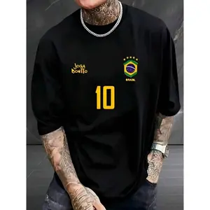 Men's Graphic T-Shirt, Retro Brazil Football Jersey - Legendary Number 10, Casual Football Fan Outfit, Football Jersey, 100% Polyester Breathable Knit Fabric, Regular Fit Round Neck Design graphic tee