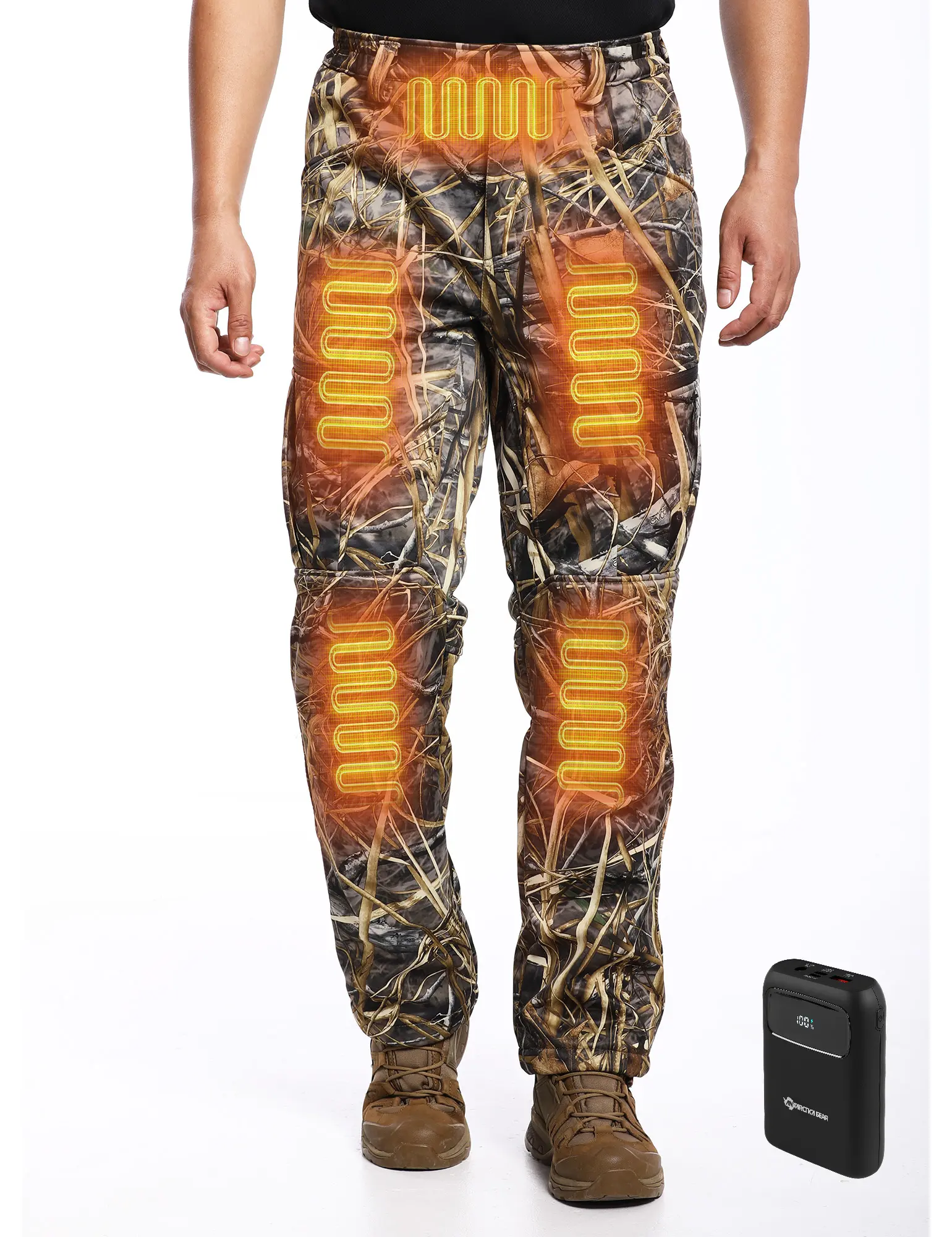 ANTARCTICA GEAR Men's Camouflage Hunting Heated Pants, 12V 15000mAh Battery, USB Port, Elastic Waistband, Waterproof Shell, Heat Control, Water-Resistant for Skiing, Hiking, Thermal Wear