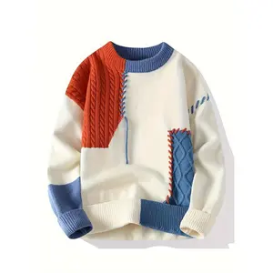 New autumn and winter casual round-neck patchwork color-block sweater for men, casual and unique design knitwear for couples