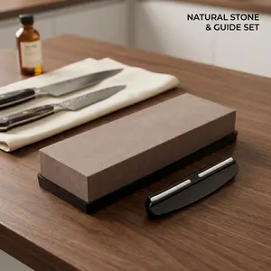1 piece natural red granite sharpening stone with sharpening aid angle guide bracket and non-slip pad; suitable for various kitchen and outdoor knives; restores sharpness; approximately 1200 grit.