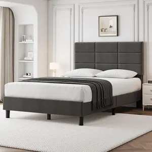 Twin Size Contemporary Style Upholstered Bed Frame - Linen Upholstered, Adjustable Headboard, Durable Wooden Slats Support, Mattress Foundation, No Box Spring Needed, Easy Setup, Grey (Adjustable Frame Bed), Upholstered Bed Frames, Adjustable Frame Beds