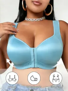 Women's Front Snap Closure Sports Bra, No Underwire Gathered Lift Anti-Sag Plus Size Bras, Smooth Fabric Comfortable Support