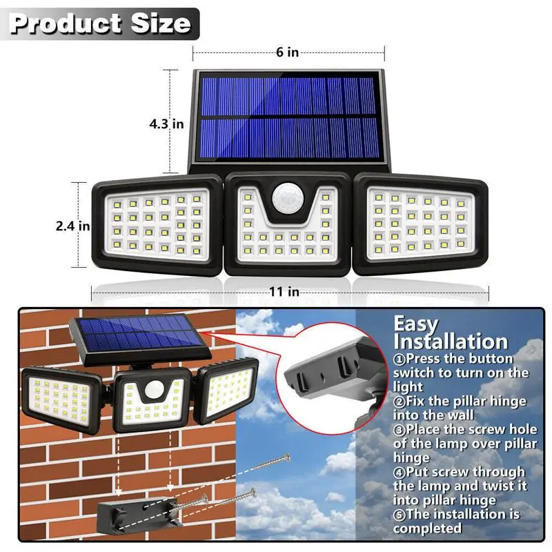 Energy-Efficient Solar Powered LED Security Lights 2 Pieces, 3 Rotatable Lamp Heads with Adjustable Lighting Angle, Motion Detection Function, Weatherproof & Durable, Large Illumination Range Outdoor Flood Lights for Home, Garage, Lawn and Courtyard