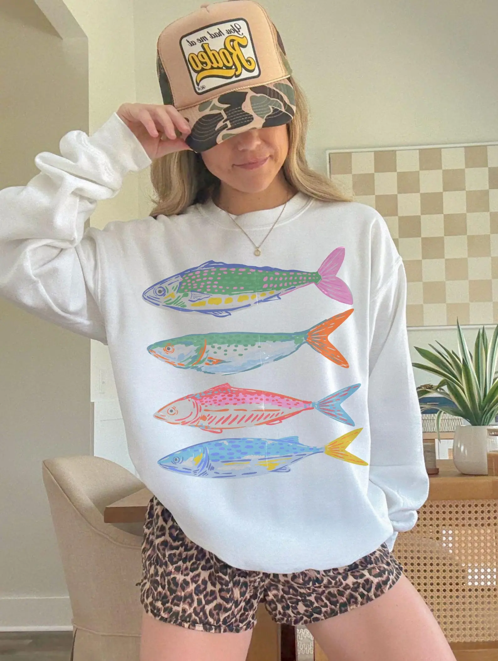 [Sale off up to 50%] Coastal Fish Graphic Sweatshirt Vintage Fisherman Aesthetic Retro Beach Crewneck Neon Yellow Oversized Trendy Summer Nautical Pullover Gift