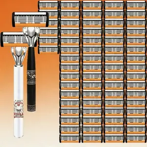 Men's Manual Shaving Razor Set with 2 Handles and 72 Replacement Blades Precision Stainless Steel Blades Smooth Shave Grooming Kit Gift for Men