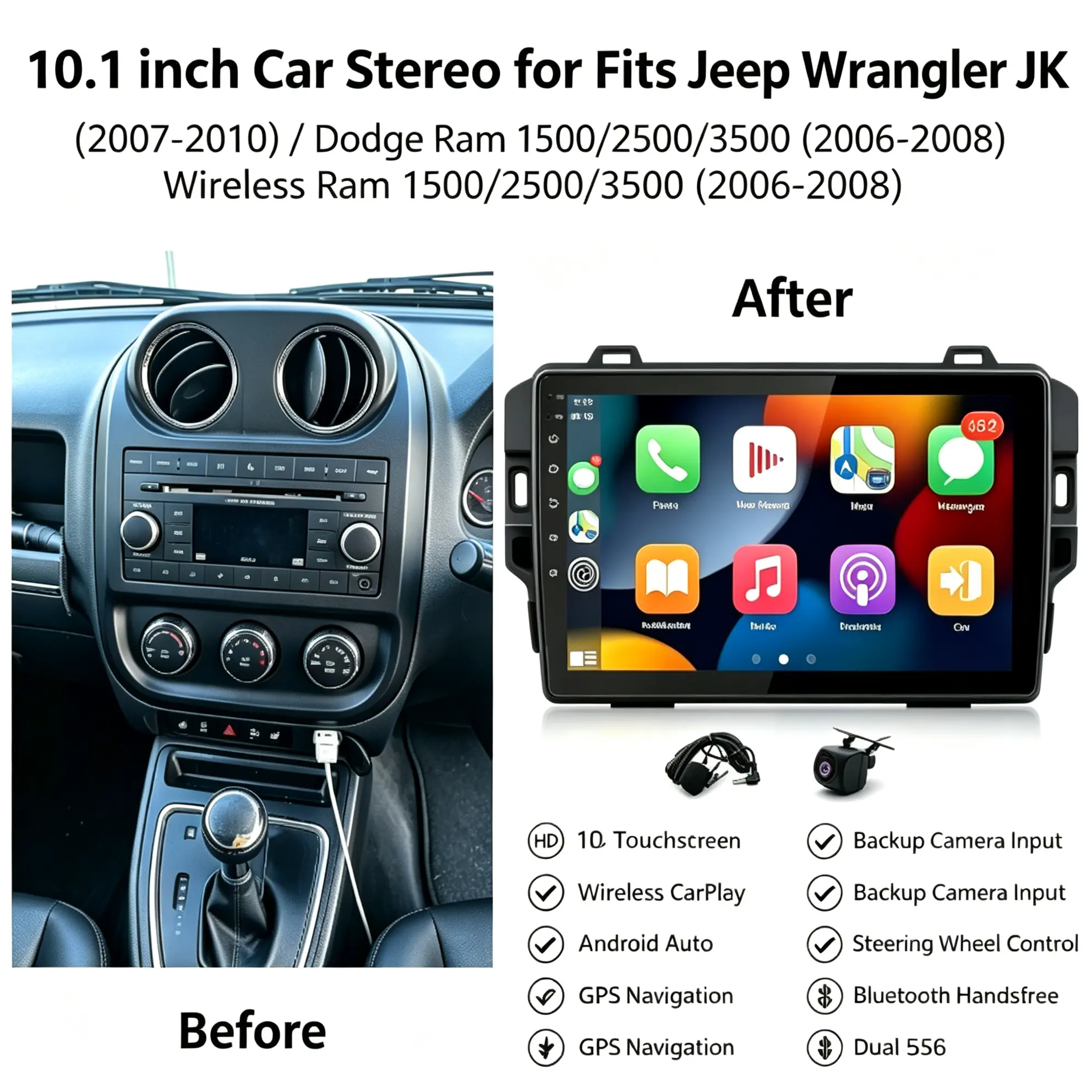 DAB+ Universal Car Stereo Radio for Wrangler JK 2007-2010, for Ram 1500 2500 3500 2006-2008, GPS Navi Head Unit with Backup Camera 2 Din with Carplay Android Auto 10.1in Player Bluetooth WiFi FM SWC DVR Split Screen 4+64G