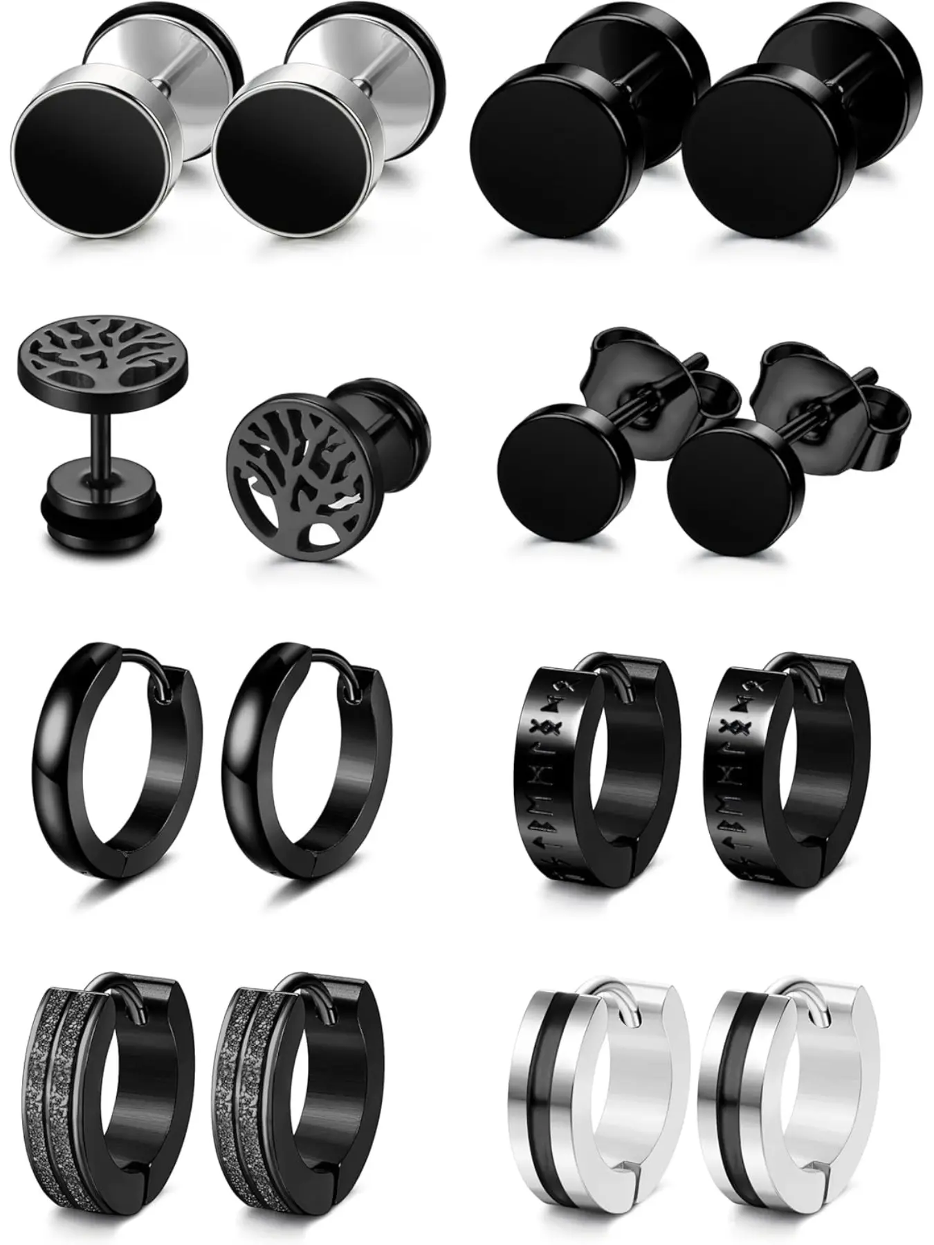 8 Pairs Mens Earrings Black Earrings for Men Ear Accessories Stainless Steel Hoops Hypoallergenic Ear Piercing Black Hoop Earrings for Men Boys Studs Earrings
