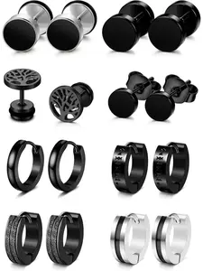 8 Pairs Mens Earrings Black Earrings for Men Stainless Steel Hypoallergenic Ear Piercing Black Hoop Earrings for Men Boys Studs Earrings