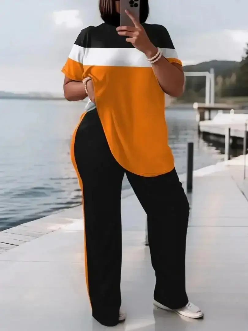 Plus Size Color Block 2-Piece Set – Crew Neck Top & Straight Leg Pants, Stretch Knit Casual Outfit, versatile piece, trending now, chic look, must-have style, wardrobe staple, modern staple