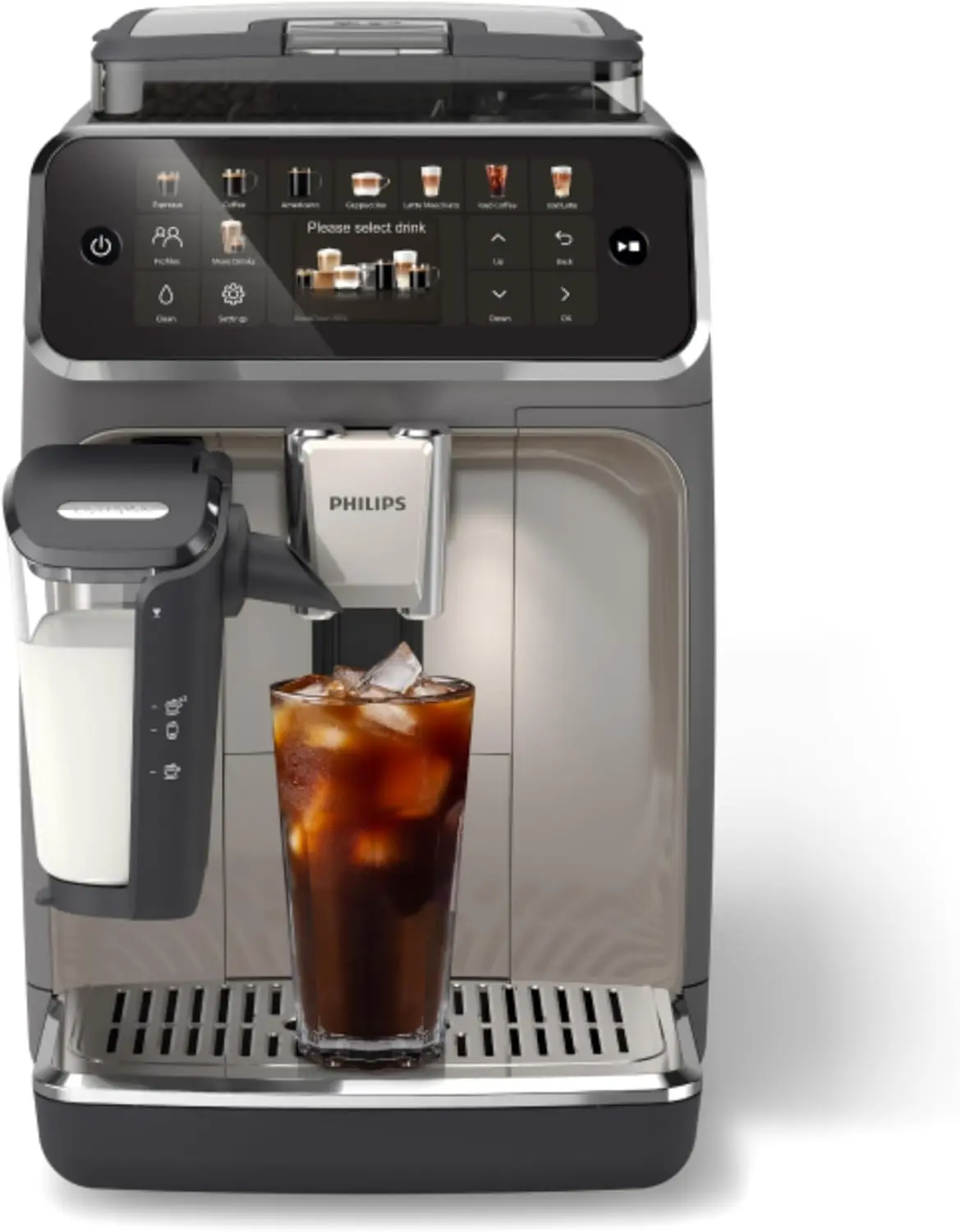 PHILIPS 5500 Series Fully Automatic Espresso Machine with LatteGo Milk System, Auto Grind Integrated Grinder, 20 Hot & Iced Coffee Pre-Sets, Quick Start, SilentBrew, 15-Bar Pump, Black Chrome Finish (EP5544/94)
