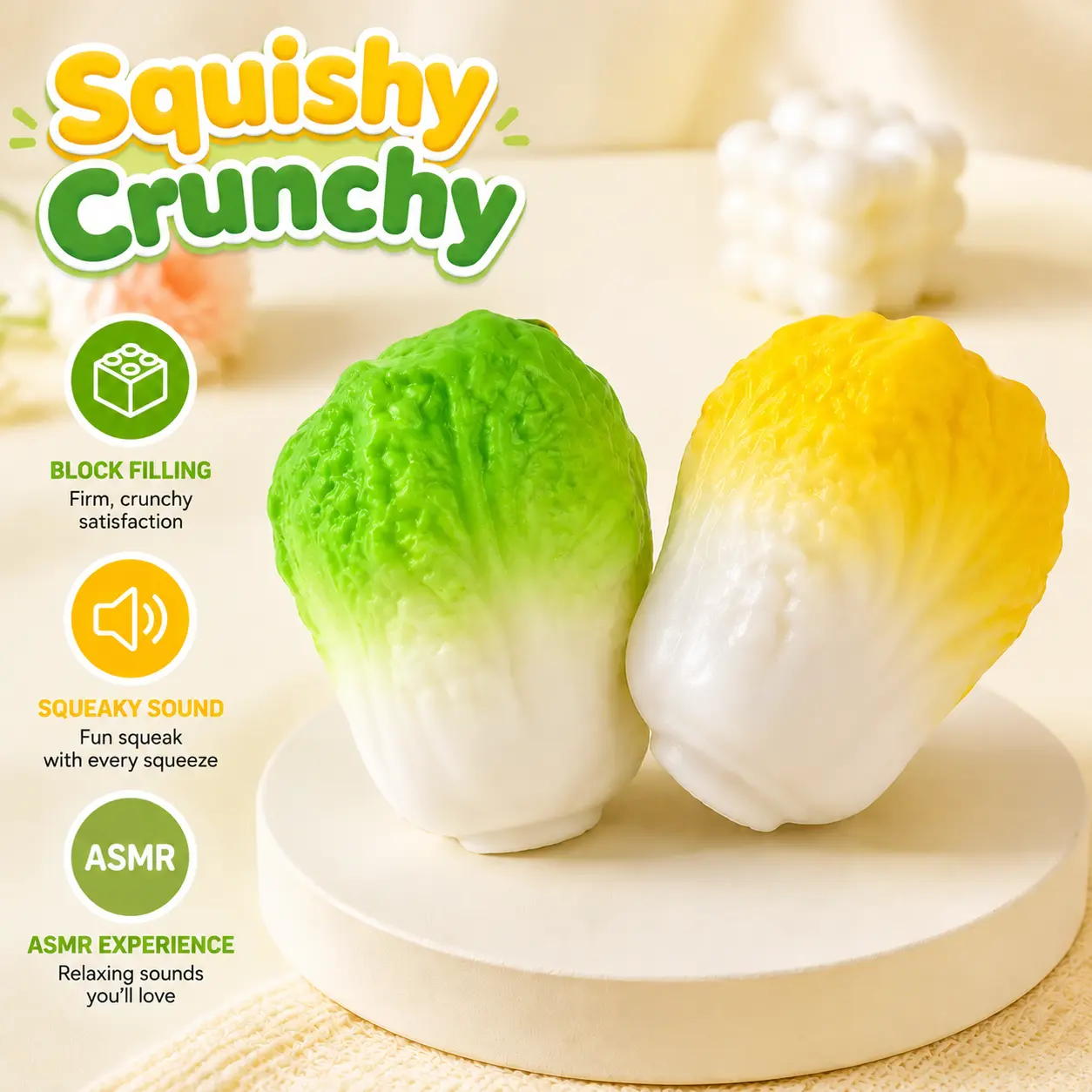 Mini Cabbage Crunch ASMR Squishy Toy, Vegetable Shape Sensory Stress Relief Fidget Toy, Green & Yellow Desk Decor Gift