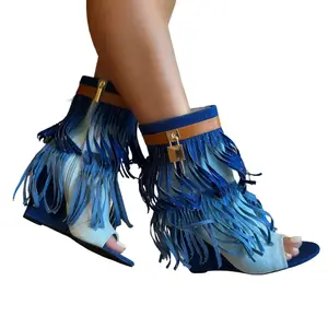 CERRITOS Denim OPEN TOE WEDGE BOOTIE WITH FRINGE DETAIL