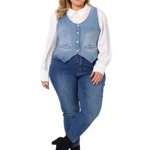 Agnes Orinda Plus Size Denim Vests Tops Button Down Jean Waistcoat Casual Sleeveless Jacket